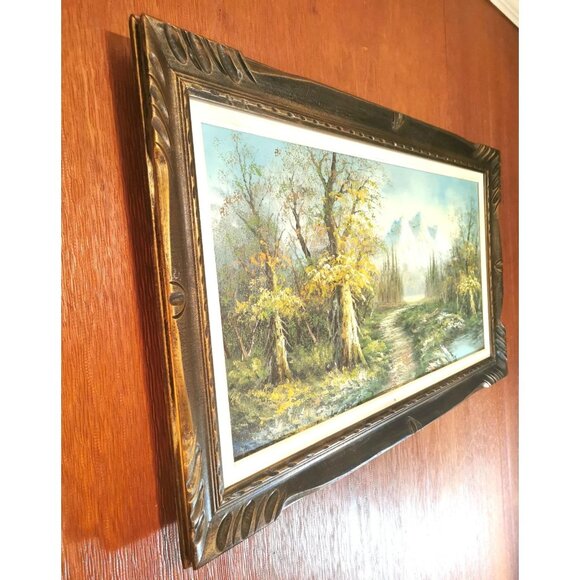 XXL 70s Impasto Oil Painting Mountain Landscape 47.5" Wide Etched Wood Frame - Picture 2 of 10